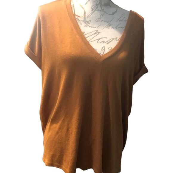 Mod Ref Large Rust Color Road Curve V Neck Blouse - Picture 3 of 13